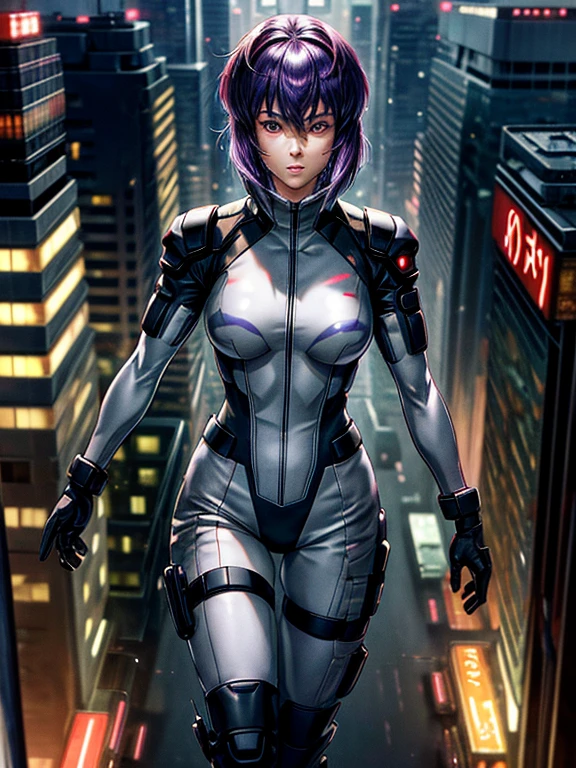 Ghost in the Shell, Motoko Kusanagi, very beautiful face, Purple short bob cut, Hair between the eyes, Slightly asymmetrical bangs, ((Optical Camouflage Suit, Optical camouflage suit from the neck down)), Jump up into the sky, view From above, Facing the camera, The background is Tokyo's buildings at night, Reflective and shiny, ((Night Scenery)), Lots of window lights, Glitching, ((masterpiece, best quality, high resolution)) 