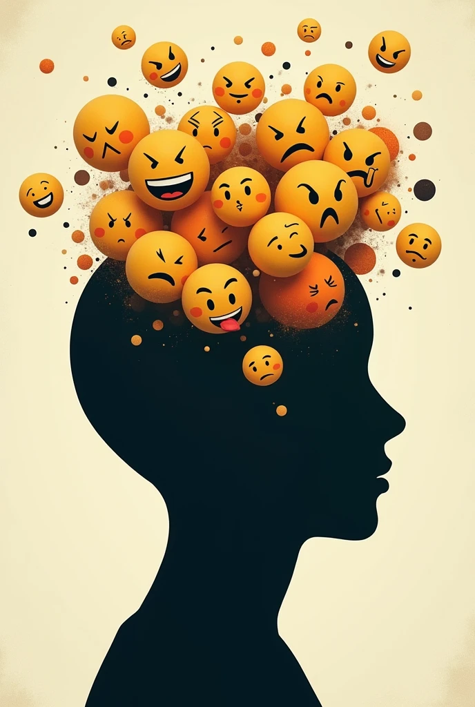 Drawing a silhouette of a head, where in the part of the brain you have thoughts that are emotions in the form of emojis like sadness , happiness , anger