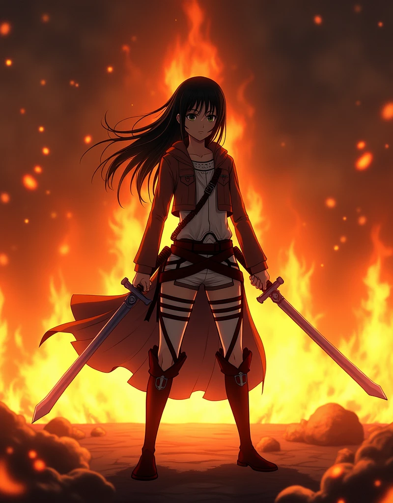 Animated character holding two swords standing in front of a fire, Attack on Titan anime style, Mikasa Ackerman, Amazing anime 8k, from Attack on Titan, Attack on Titan covert art, Sunku, in Attack on Titan, (Attack on Titans anime), shingeki no kyojin, Attack on Titans, Anime Epic Artwork, Attack on Titan