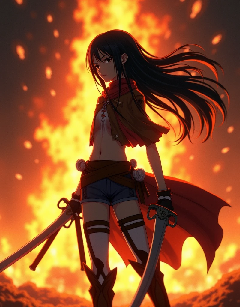 Animated character holding two swords standing in front of a fire, Attack on Titan anime style, Mikasa Ackerman, Amazing anime 8k, from Attack on Titan, Attack on Titan covert art, Sunku, in Attack on Titan, (Attack on Titans anime), shingeki no kyojin, Attack on Titans, Anime Epic Artwork, Attack on Titan