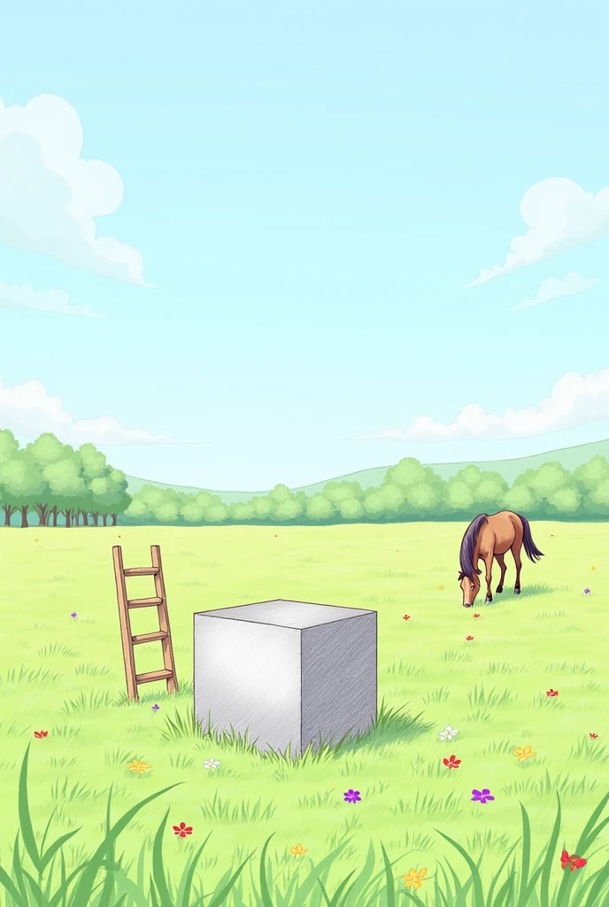 Draw this in a way a student simple and look like drawn by pencil
. **Open Field**: The field is vast and expansive, stretching as far as the eye can see. It's filled with lush, green grass that sways gently in the breeze. The surroundings include a distant line of trees and a few scattered hills, with a clear blue sky above.
2. **Cube**: The cube is medium-sized, about 3 feet on each side. It is made of smooth, reflective metal and has a shiny, silver surface. The cube is located in the middle of the field, resting flat on the ground. It is not transparent, so there is nothing visible inside.
3. **Ladder**: The ladder is about 10 feet long and made of wood with a natural finish. It is positioned near the cube, leaning against the ground but not touching the cube. The distance between the ladder and the cube is roughly 5 feet.
4. **Horse**: The horse is a rich brown color with a shiny mane. It is grazing peacefully near the cube, about 10 feet away. The horse seems calm and content, occasionally looking up at its surroundings.
5. **Flowers**: There are several clusters of wildflowers scattered around the field. There are around 20 flowers in total, with colors ranging from yellow and red to purple. They are mostly concentrated in small patches near the edge of the field.
6. **Weather**: The weather is sunny with a few fluffy white clouds. The sky is clear and the temperature is mild, with a gentle breeze.
7. **Storm**: There is no storm in the immediate vicinity of the field. The sky remains clear and sunny, with no signs of an approaching storm.