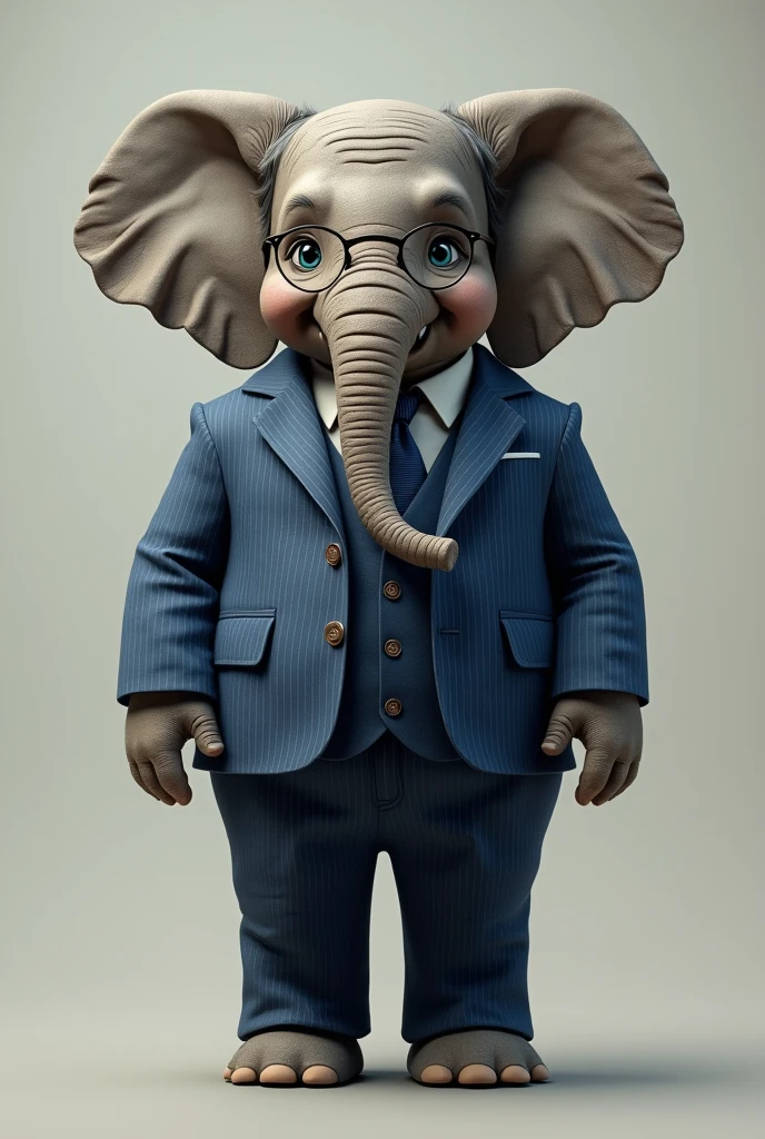 Create a realistic image of an elephant standing upright, dressed in a blue suit with a slightly nerdy vibe. The elephant should be wearing round glasses and have an intellectual, thoughtful expression. The suit should be well-fitted, with a neat tie