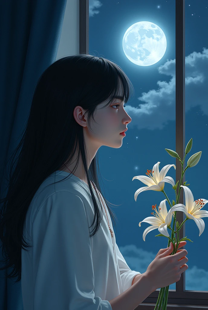 A young man is holding a branch of lily. He has long black hair and gray eyes. He is looking at the moon through the window.