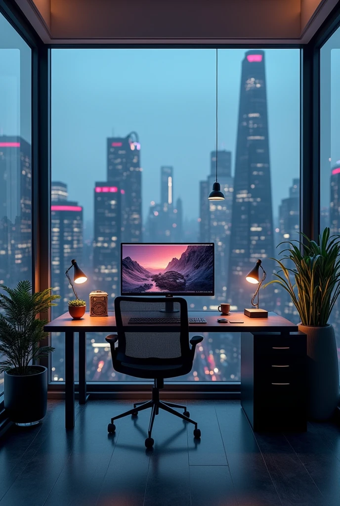 Design a high-resolution background image that represents a modern, tech-savvy workspace. The scene should feature a sleek desk with a high-end computer, stylish office accessories, and a backdrop of large windows overlooking a futuristic cityscape at dusk. The color scheme should be a blend of cool tones like deep blues, grays, and hints of metallic accents to give a professional, yet inviting atmosphere. The overall vibe should be minimalist and clean, with subtle details that add a touch of sophistication.