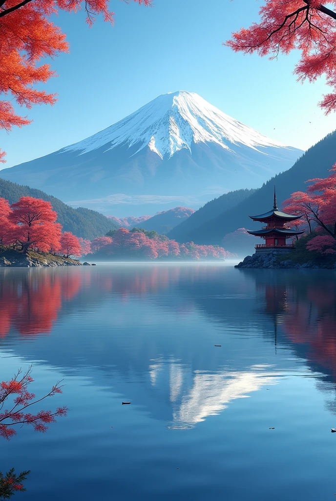 over Lake Kawaguchi during a crisp autumn morning. The mountain's iconic snow-capped peak is perfectly reflected in the calm, mirror-like waters of the lake. The surrounding trees are ablaze with vibrant red and orange autumn leaves, creating a striking contrast against the blue sky. A few small boats float peacefully on the lake, and a traditional Japanese pagoda is visible on the shore, adding a touch of cultural beauty to the natural scene. The air is clear and crisp, with the early morning l