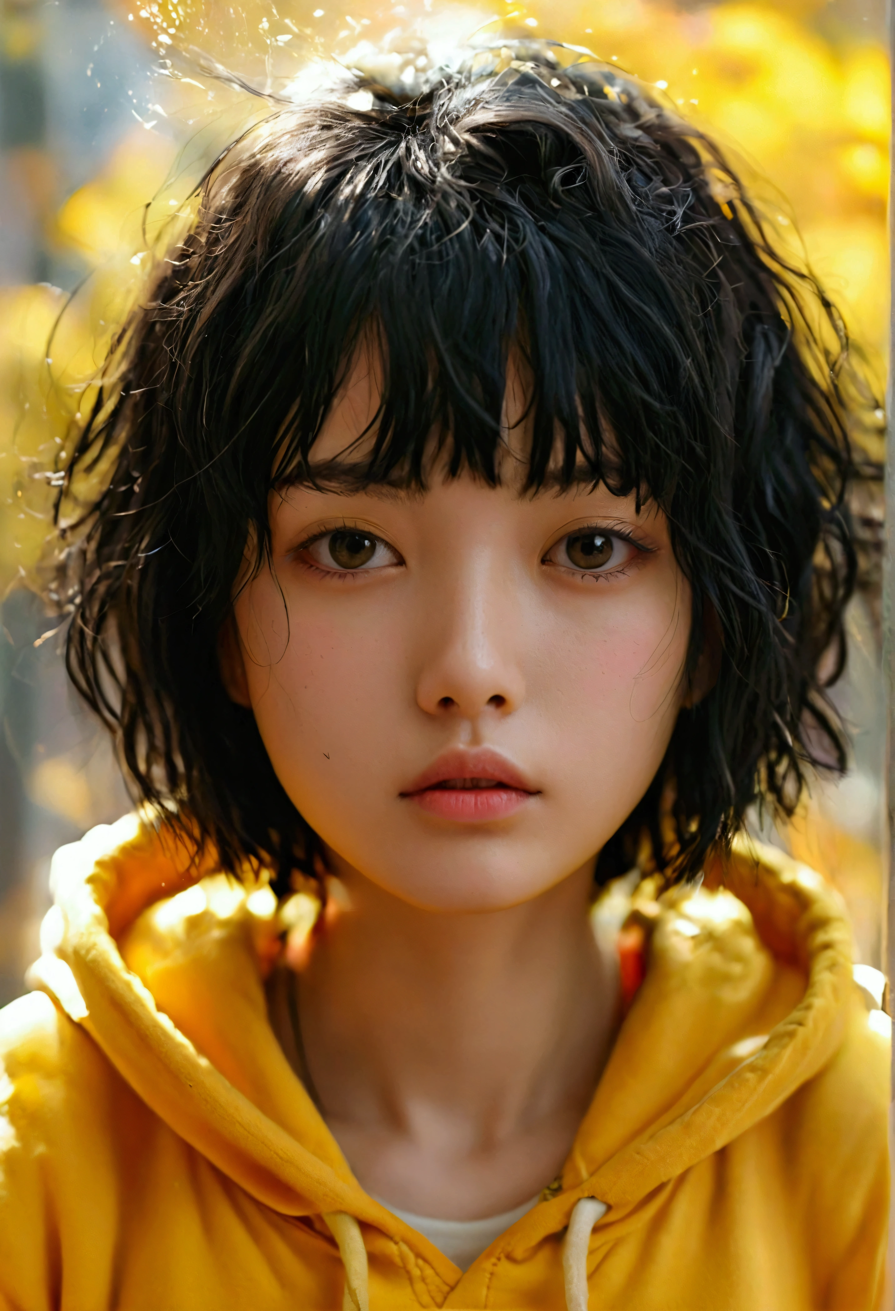 Wearing a yellow hoodie、A girl with short, messy bob hair、Black Hair