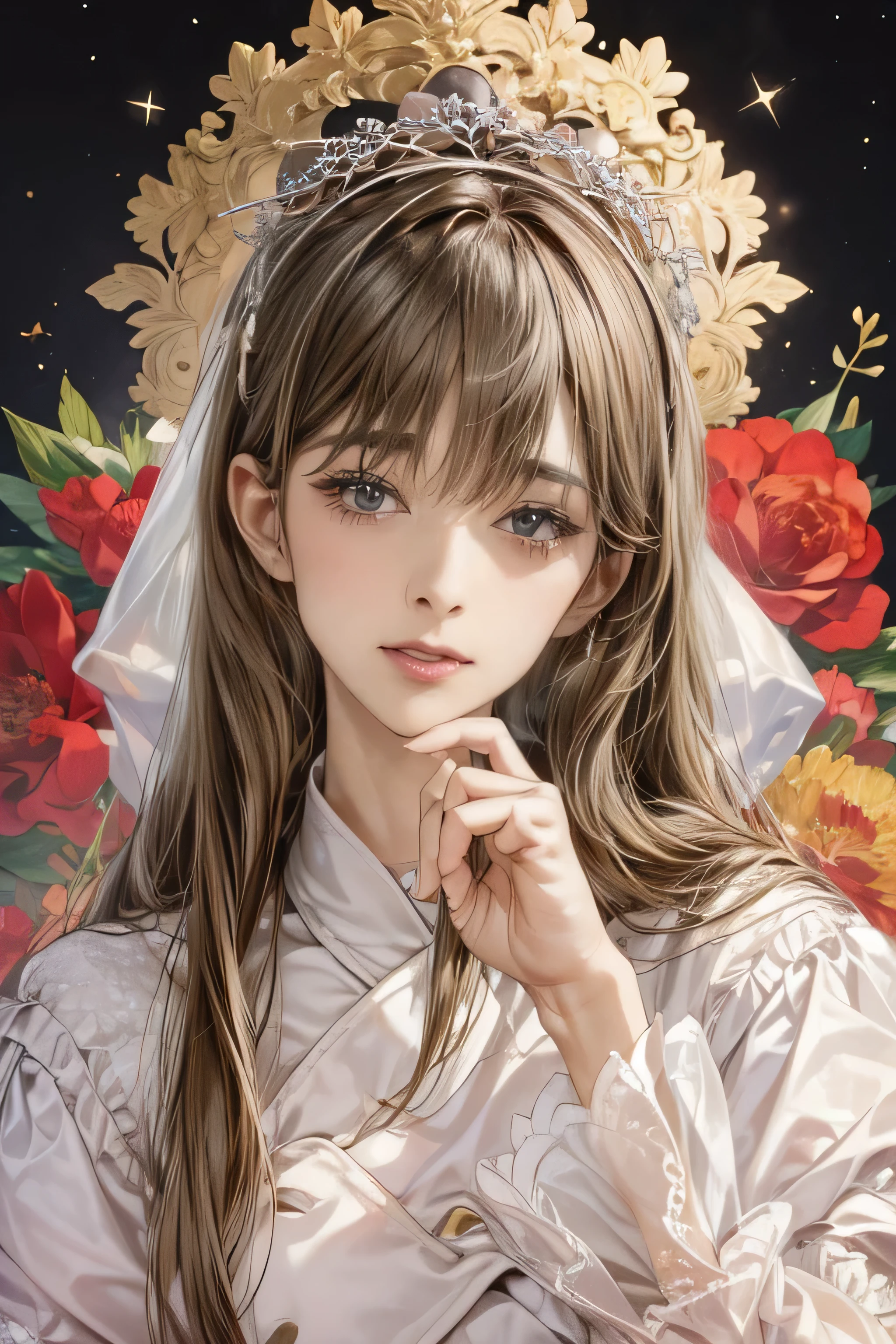 (Highest quality:1.4,masterpiece:1.4),Ultra-high resolution,8k,CG,Exquisite,Upper Body,,Thumb Girl,Little Princess,Taffeta coat dress,Floral Background,Detailed facial features,long flowing hair,Almond Eye,Exquisiteアイメイク,Long, fluttering eyelashes,Sparkling eyes and starry sky gaze,Delicate lip detail,Soft and harmonious style.