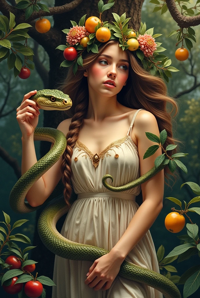 Generate a T-shirt design, making biblical reference, EVA eating the apple influenced by the snake 

