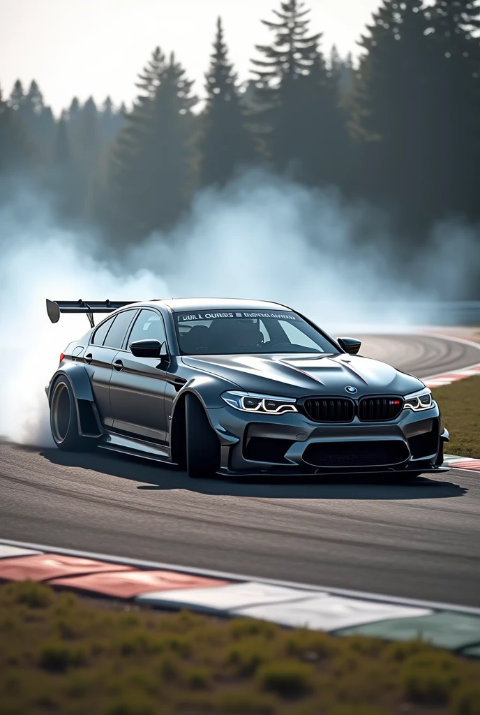 Gray bmw m5 with modification and racing track doing the drift 