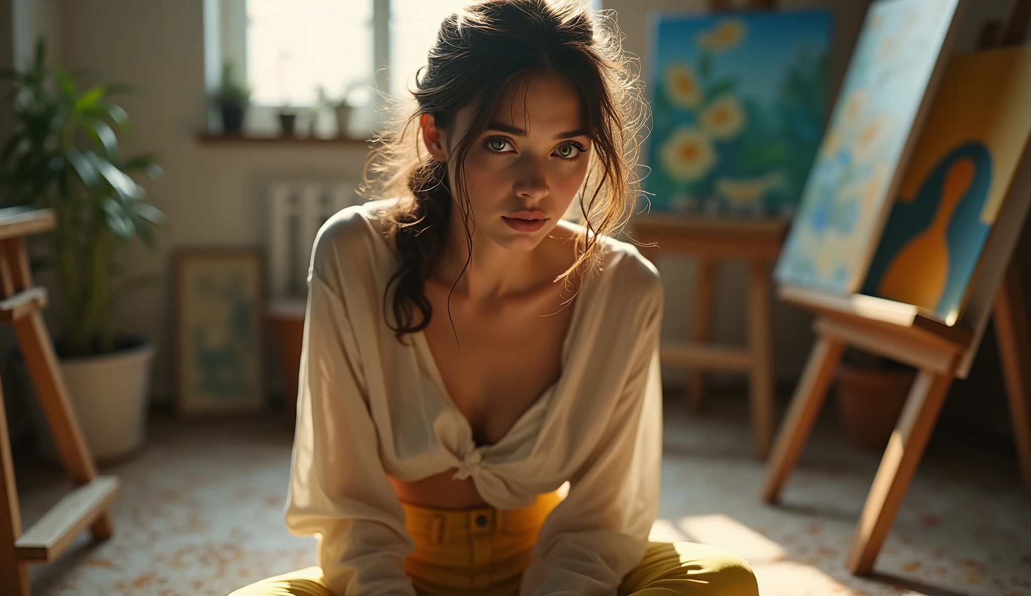 A very pretty girl, 30 years old, loose and frayed hair, hair twisted into a ponytail, brunette, an artist, sitting on the floor in the room, legs spread, wearing a white translucent blouse, You can see panties of light yellow color, thoughtful face, dreamy, sad, easels with paintings in the background, soft light from the window illuminates the floor and the girl, young juicy body with sexy curves at the waist, traces of bright delicate paint on the body, the girl looks into the void, part of the blouse falls from one shoulder revealing the chest, expressive green eyes, big fragile lips, fragile nose, high quality, Realism, masterpiece, front view