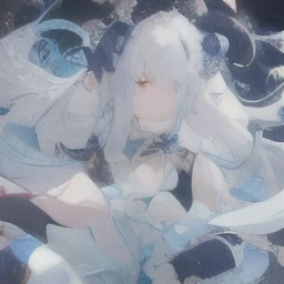 a young girl with long and fine wavy white hair, have a two-parted fringe with a hairstyle "Qingleng gan ce bian pijian fa" with each sky blue ribbon and dark blue rose in the braid with the ribbon tails folded, has a blue ruby diamond pattern eye type like Athanasia with pink gradation underneath has soft and smooth white skin