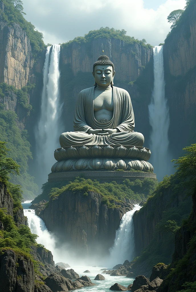 A zoom out shoot of gigantic old Budda statue in mountain wall, between waterfall, surrounded by cloud, scenery landscape, cinematic lighting