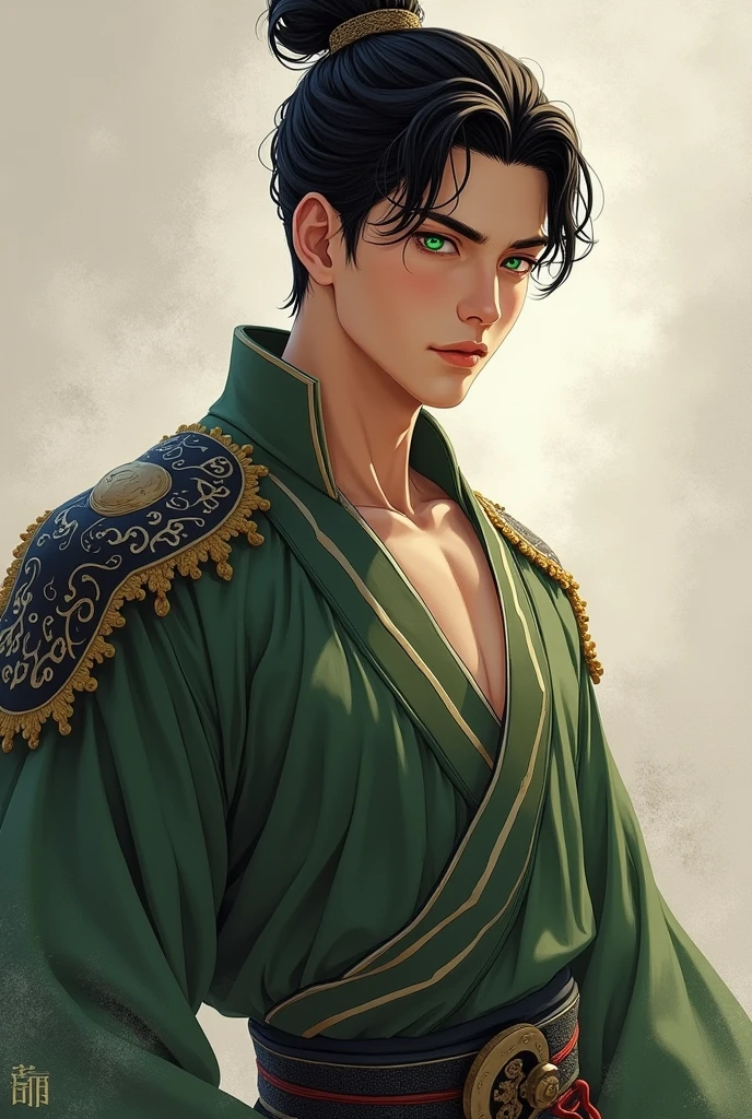 a handsome boy ,Cao Cao , fitness,short black hair and green eyes