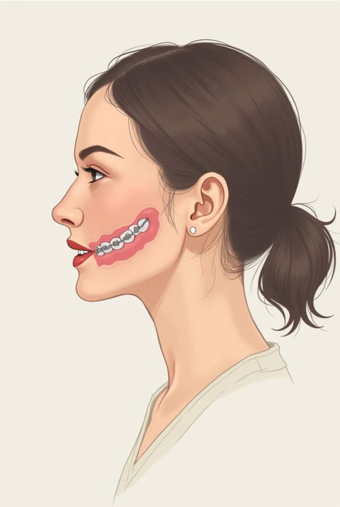 generates an image of a woman in profile who has a bite that looks normal but is edge to edge, and the physical changes that would occur in your face if you get braces, put the before and after, that is not smiling, so that you can see all the changes that occurred in his face, and that it is the same right profile in both