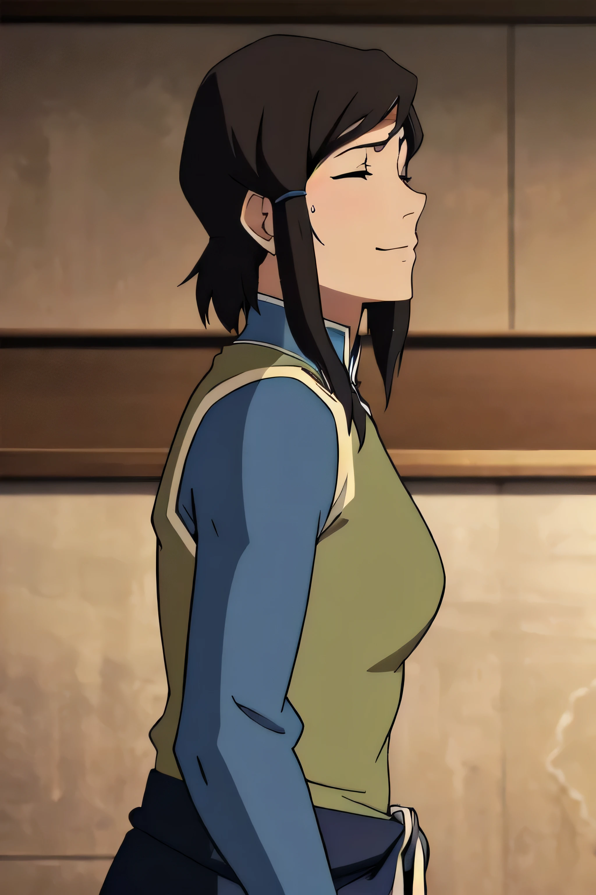 Korra,1girl, solo, upper body, side view, viewed from side, smile, sensual expression,eyes closed,leaning forwards,leaned forwards,sweaty