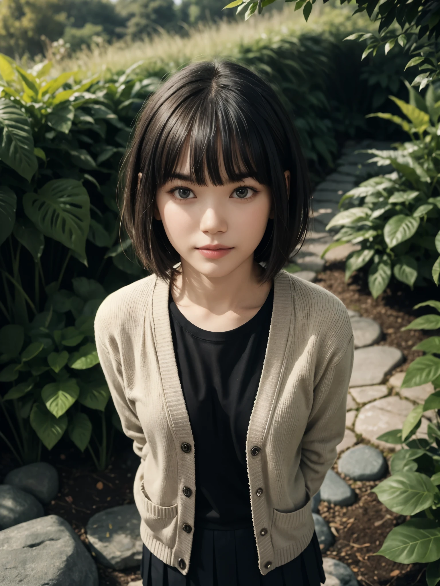 girl, (cute:1.4), standing, (from above:0.6), (both hands and arms in the back:1.2), (head tilt:0.8), detailed face, looking at viewer, short bob hair, flat bangs, fully open cardigan, long sleeves, deep round neckline t-shirt, pleated skirt, rock garden, surrounded by carefully arranged stones and lush greenery, soft natural lighting, gentle shadow, relaxed vibes, harmonious garden,