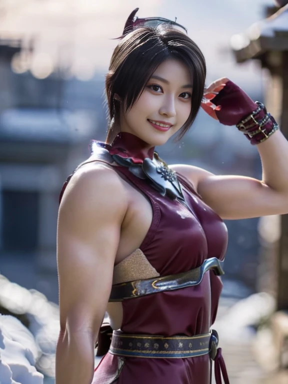 20 year old Japanese beauty，One woman、Muscular body like a bodybuilder、Emphasize the breasts、He wears a headband on his head、Slit eyes、A head-to-toe view，Bust is very very large、The background is a snowy country、High quality photos、Clear, crisp images of the lower body、Masterpiece 8k、Smiling、Is doing a high kick、From the front, from the side, from the back, etc.々from what camera angle to shoot、Light blue ninja costume