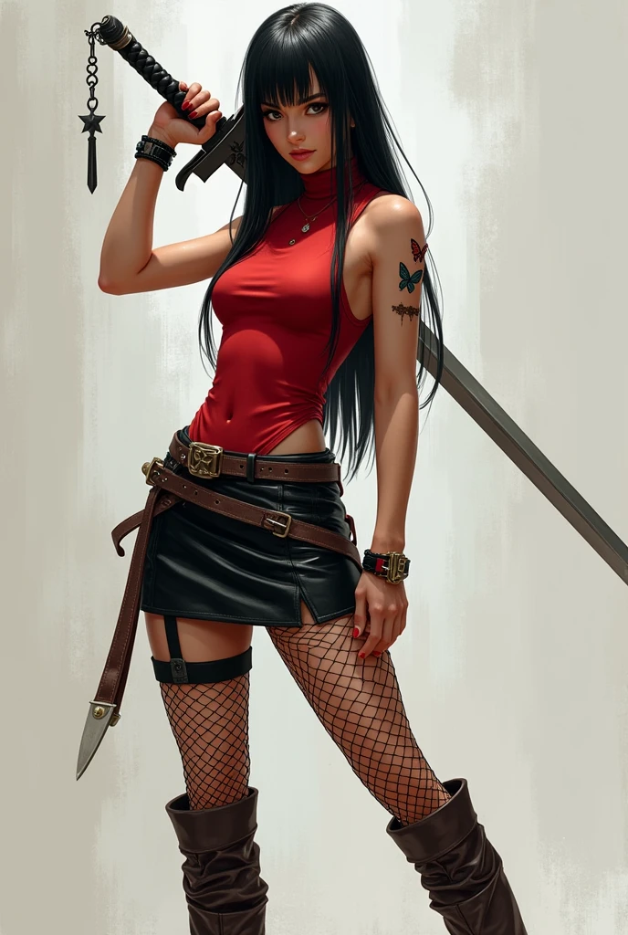 a female character in her 20s with long, straight, uncurled black hair, pale skin, and steely black eyes, exuding a calm, dynamic posture, one leg bent while holding a long sword across her body, wearing a rather thin, hip-length red high-necked tank top, a very short black leather skirt, fishnet stockings on her left leg, black thigh-high stockings on her right leg, brown high boots, a small butterfly tattoo on her right shoulder, a black bracelet on her left hand