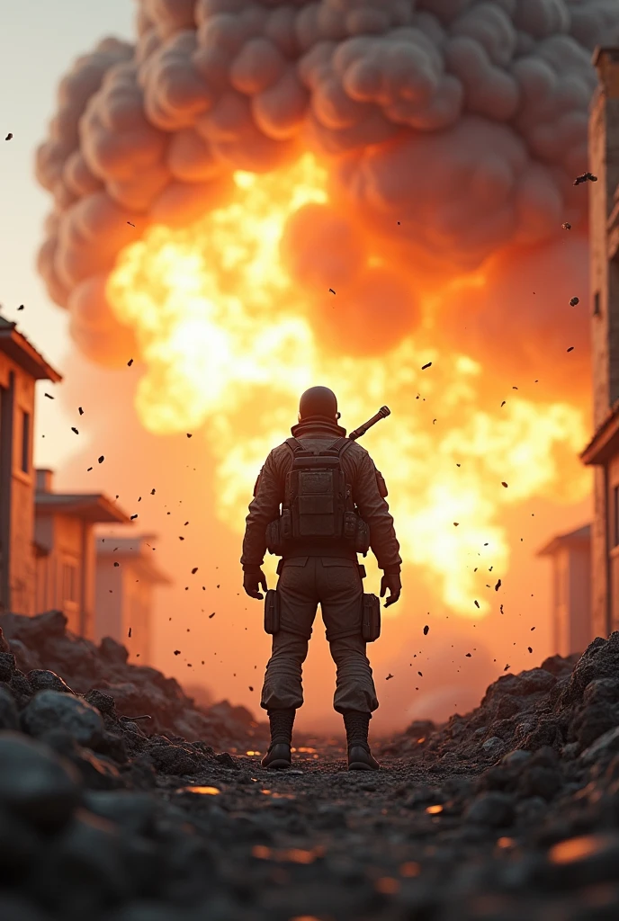 Bombing the enemy soldier, bombing and explosion behind them, in a battle field, 3D style