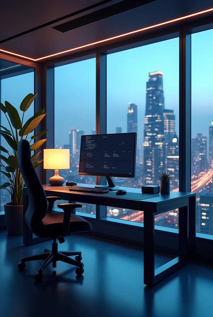 Design a high-resolution background image that represents a modern, tech-savvy workspace. The scene should feature a sleek desk with a high-end computer, stylish office accessories, and a backdrop of large windows overlooking a futuristic cityscape at dusk. The color scheme should be a blend of cool tones like deep blues, grays, and hints of metallic accents to give a professional, yet inviting atmosphere. The overall vibe should be minimalist and clean, with subtle details that add a touch of sophistication. resolution 16:9