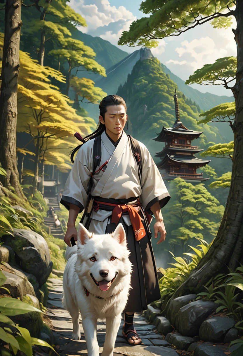 a wise white dog leading a buddhist pilgrim on the path to high mountain temple in feudal japan, detailed fur texture, glowing eyes, beautiful detailed face, serene expression, lush forest and mountain landscape, warm lighting, (best quality,4k,8k,highres,masterpiece:1.2),ultra-detailed,(realistic,photorealistic,photo-realistic:1.37),intricate details,vibrant colors,cinematic composition