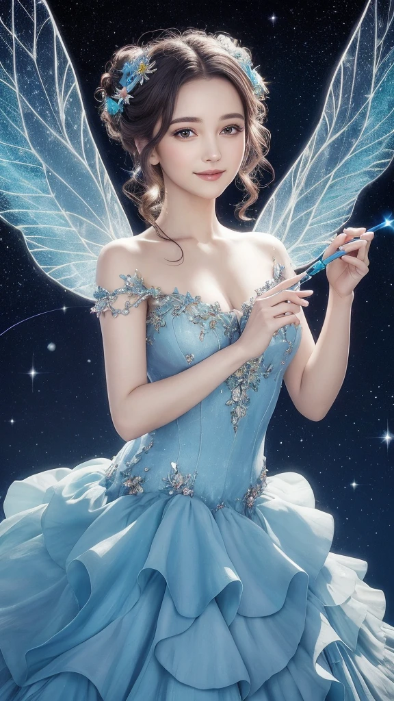 A beautiful flower fairy with blue dress and chignon hair,holding a starry wand. She has transparent, colorful wings and a gentle smile, facing the viewer directly. The background is a bright, colorful garden full of flowers in a daytime setting, depicted in romantic fantasy digital art, showing only the upper half of her body.