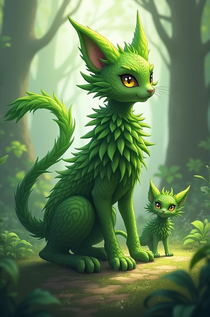Create a grass-type cat pokemon and its two evolutions
