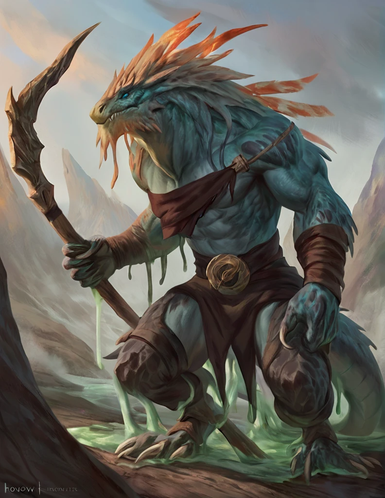 Muscular slime monster lizardfolk, slime mage, comicbook style, best quality, 4k, ultra-detailed, by laobai, by taran fiddler, by honovy