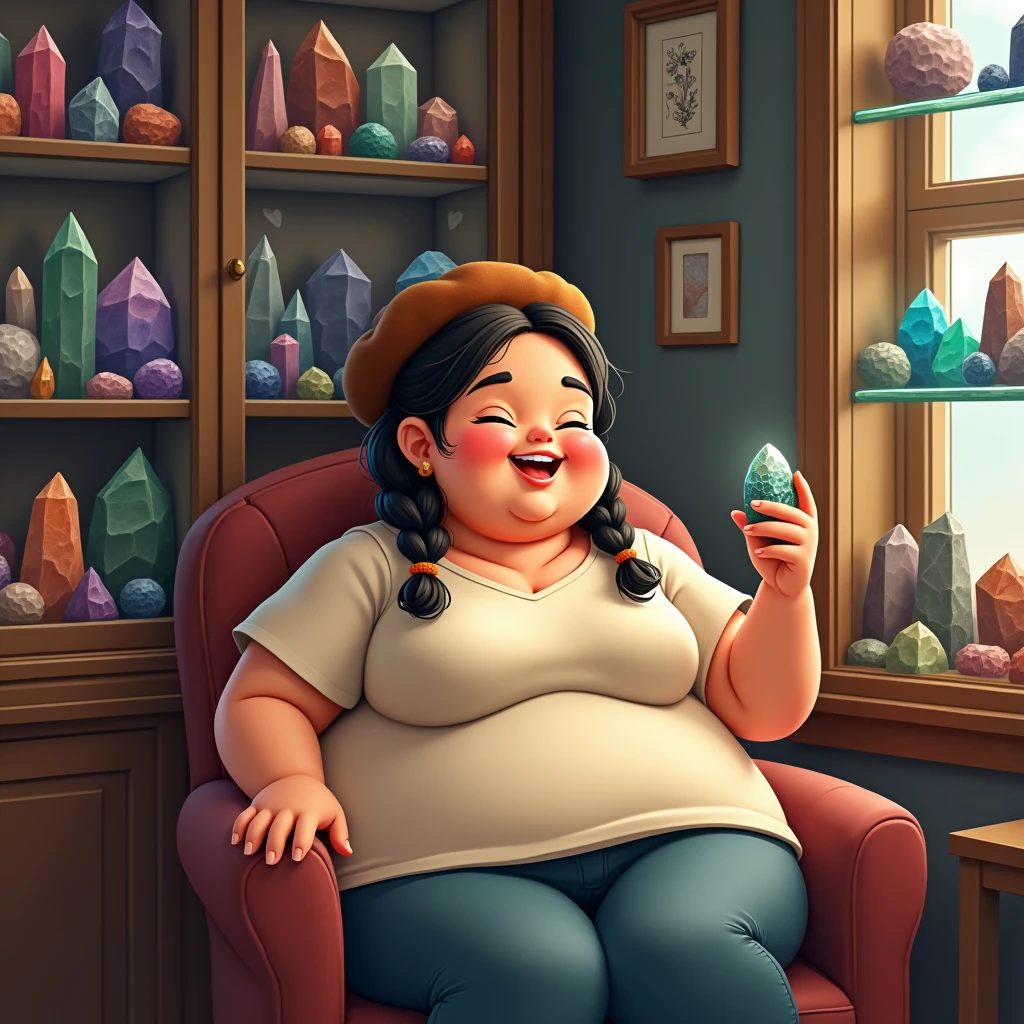 a chubby  in a small bedroom filled with glass cabinets showcasing an array of colorful stones. She is sitting on a chair, wearing a brown beret with her hair styled in two braids. She is holding a small stone in her hand and smiling contentedly.