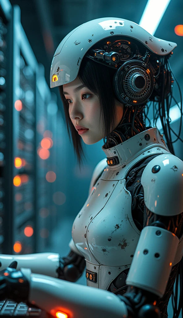 photo-realistic, dramatic scene, cinematic scene, masterpiece, (extremely beautiful Japanese boyish girl but cyborg), network server engineer but cyborg, (face focus:1.5), (dynamic angle:1), sitting at the console, monitoring a network status at cyber punk server room, a huge amount of cables are connected from her mechanical body with head to the servers, a large amount of complex server cables are in the room, professional light, spot light, (extremely intricated with extremely complex cyber punk mecha armored head gear:1.3), (wearing a form fitting cyber punk mecha armored mecha-suits with bright cyber punk LED marker:1.5),