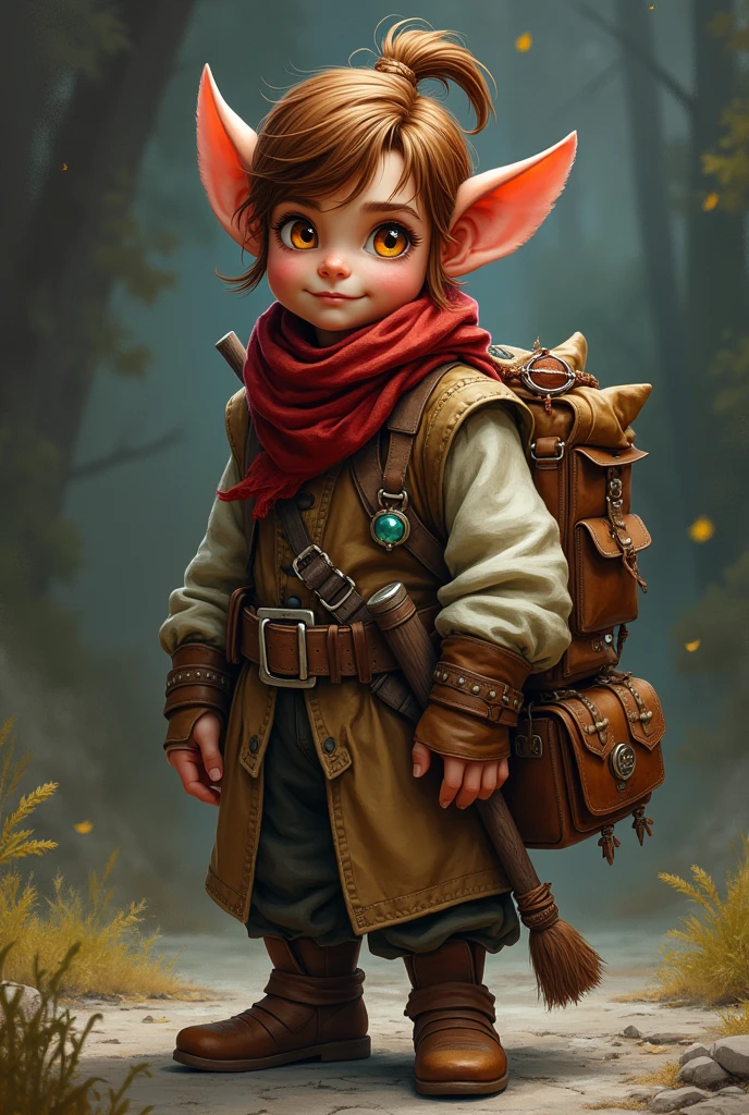 (8k, RAW photo, best quality, masterpiece:1.2), (realistic, photo-realistic:1.4)wide shot,realistic photo,Tasslehoff Burrfoot, often simply called Tas, is a kender and one of the main characters in the Dragonlance saga. Here are even more details about his appearance: Hair: Brown hair, which he wears in a signature topknot. This braid is a trademark of the kender and gives a youthful and adventurous look. Eyes: Brown eyes that often sparkle with curiosity and mischief. His eyes reflect his unwavering curiosity and mischievous personality. Face: A broad smile and a clear, bright alto voice. Body build: He is just under 1.20 meters tall (4 feet) and has a slim build with narrow, pointed ears. His small size and slim build make him agile and skilled, which helps him in many situations. Clothing: Often wears practical clothing appropriate for his adventures. He always has a variety of bags and pouches with him in which he stores his “found” treasures. These bags are often filled with all sorts of useful (and sometimes useless) items that he has collected on his travels. Accessories: Tas often wears a variety of small trinkets and souvenirs that he has collected on his adventures. These items often have personal meaning and remind him of his many experiences.
