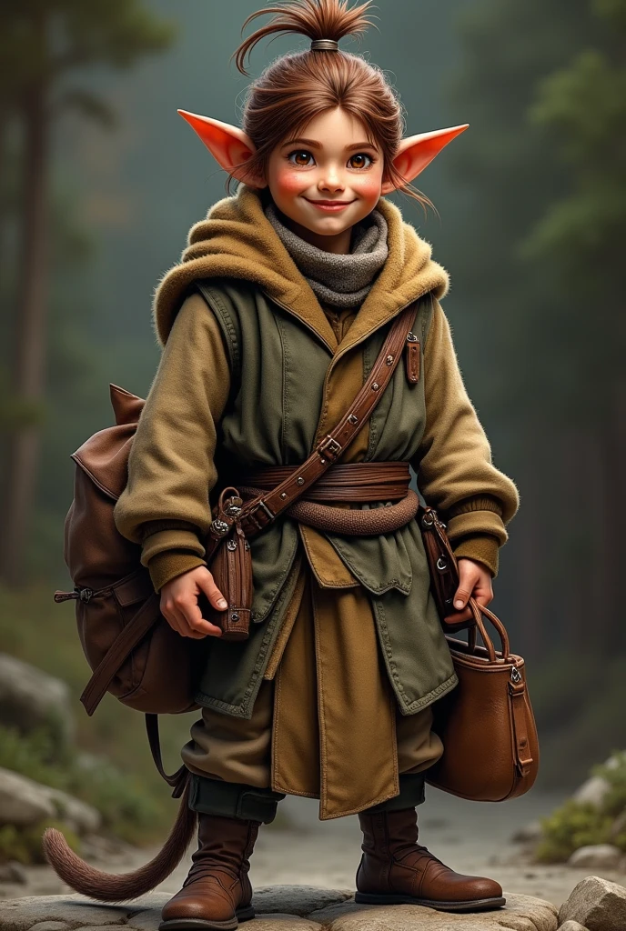 (8k, RAW photo, best quality, masterpiece:1.2), (realistic, photo-realistic:1.4)wide shot,realistic photo,Tasslehoff Burrfoot, often simply called Tas, is a kender and one of the main characters in the Dragonlance saga. Here are even more details about his appearance: Hair: Brown hair, which he wears in a signature topknot. This braid is a trademark of the kender and gives a youthful and adventurous look. Eyes: Brown eyes that often sparkle with curiosity and mischief. His eyes reflect his unwavering curiosity and mischievous personality. Face: A broad smile and a clear, bright alto voice. Body build: He is just under 1.20 meters tall (4 feet) and has a slim build with narrow, pointed ears. His small size and slim build make him agile and skilled, which helps him in many situations. Clothing: Often wears practical clothing appropriate for his adventures. He always has a variety of bags and pouches with him in which he stores his “found” treasures. These bags are often filled with all sorts of useful (and sometimes useless) items that he has collected on his travels. Accessories: Tas often wears a variety of small trinkets and souvenirs that he has collected on his adventures. These items often have personal meaning and remind him of his many experiences.
