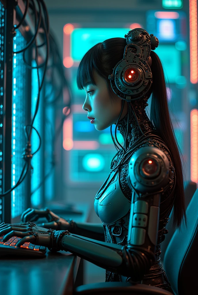 photo-realistic, dramatic scene, cinematic scene, masterpiece, (extremely beautiful Japanese boyish girl but cyborg), network server engineer but cyborg, (face focus:1.5), (dynamic angle:1), sitting at the console, monitoring a network status at cyber punk server room, a huge amount of cables are connected from her mechanical body with head to the servers, a large amount of complex server cables are in the room, professional light, spot light, (extremely intricated with extremely complex cyber punk mecha armored head gear:1.3), (wearing a form fitting cyber punk mecha armored mecha-suits with bright cyber punk LED marker:1.5),