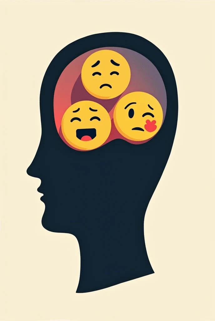 Drawing a silhouette of a head, where in the part of the brain you have thoughts that are emotions in the form of emojis like sadness , happiness , anger ( that do not exceed 5 emojis ) inside the head ( that emojis are easy to draw