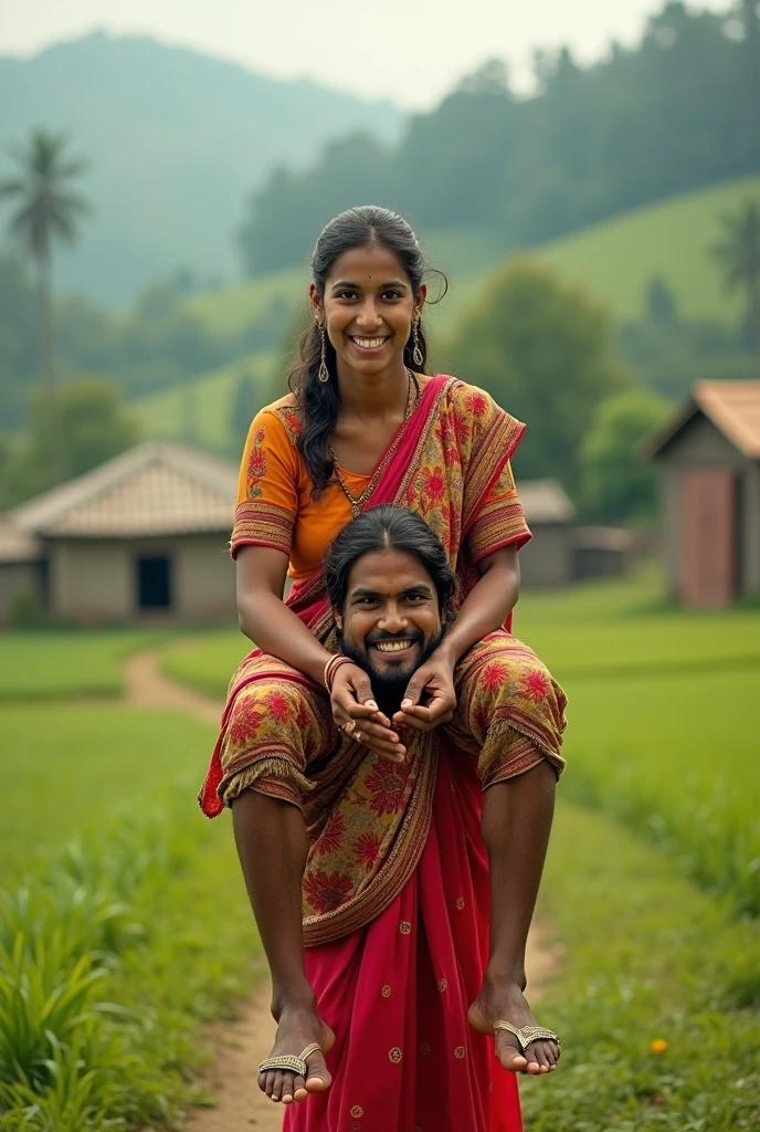 Smiling, Beautiful pakistani village young girl in saree carrying a large man over her head in a farm, full view , natural 