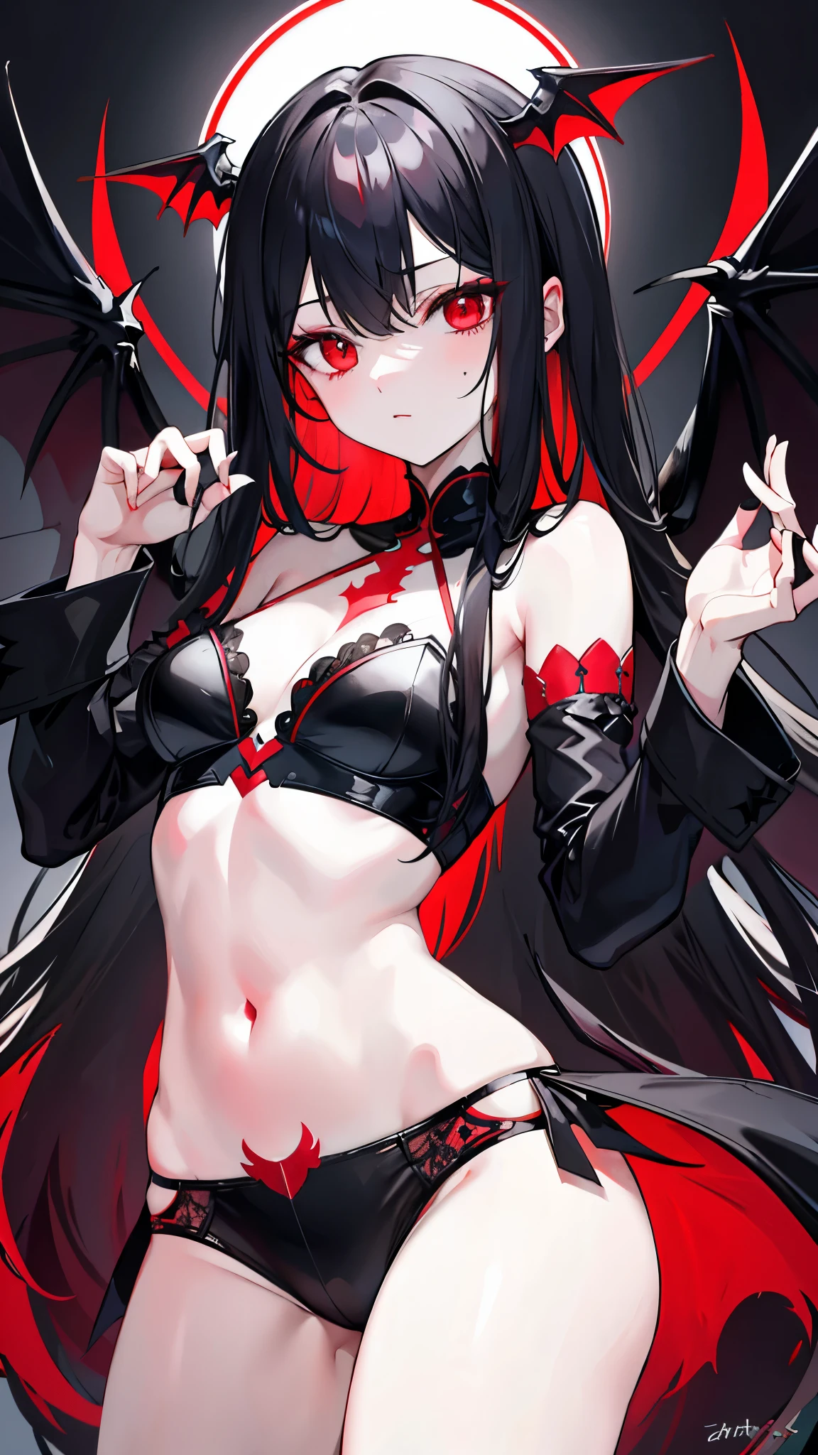 Dark style, black hair, white skin, red eyes, long hair, bangs,underwear,succubus