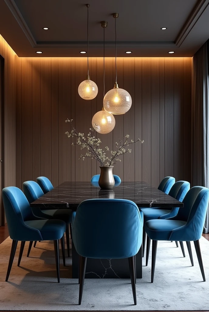 Professional 3d architecture rendering design of modern and minimal  dining room with so dark vintage blue velvet  8 chairs and black slab stone marble table  modern  and modern ceiling lighting and 