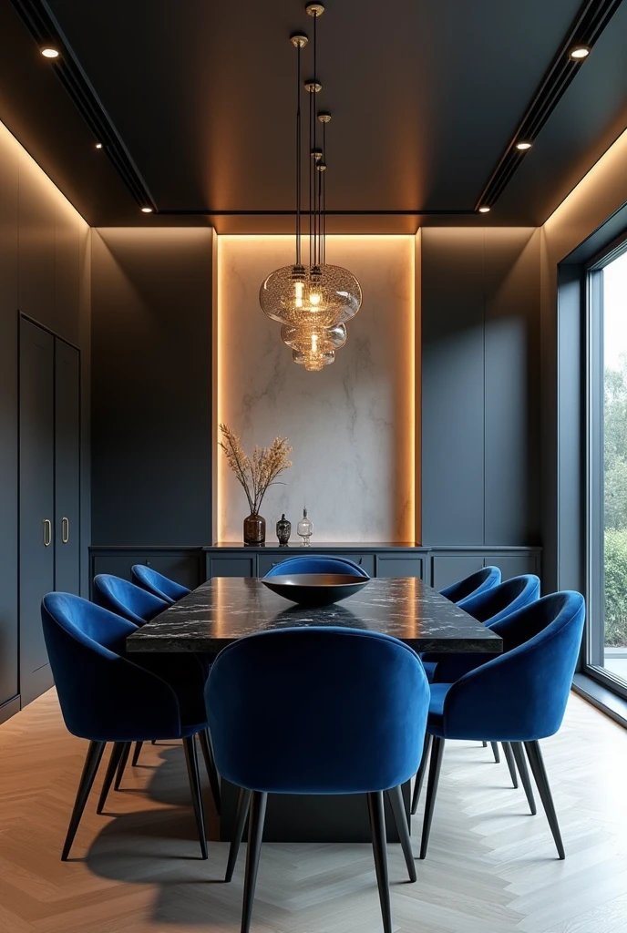 Professional 3d architecture rendering design of modern and minimal dining room with so dark vintage blue velvet 8 chairs and black slab stone marble table modern and modern ceiling lighting and