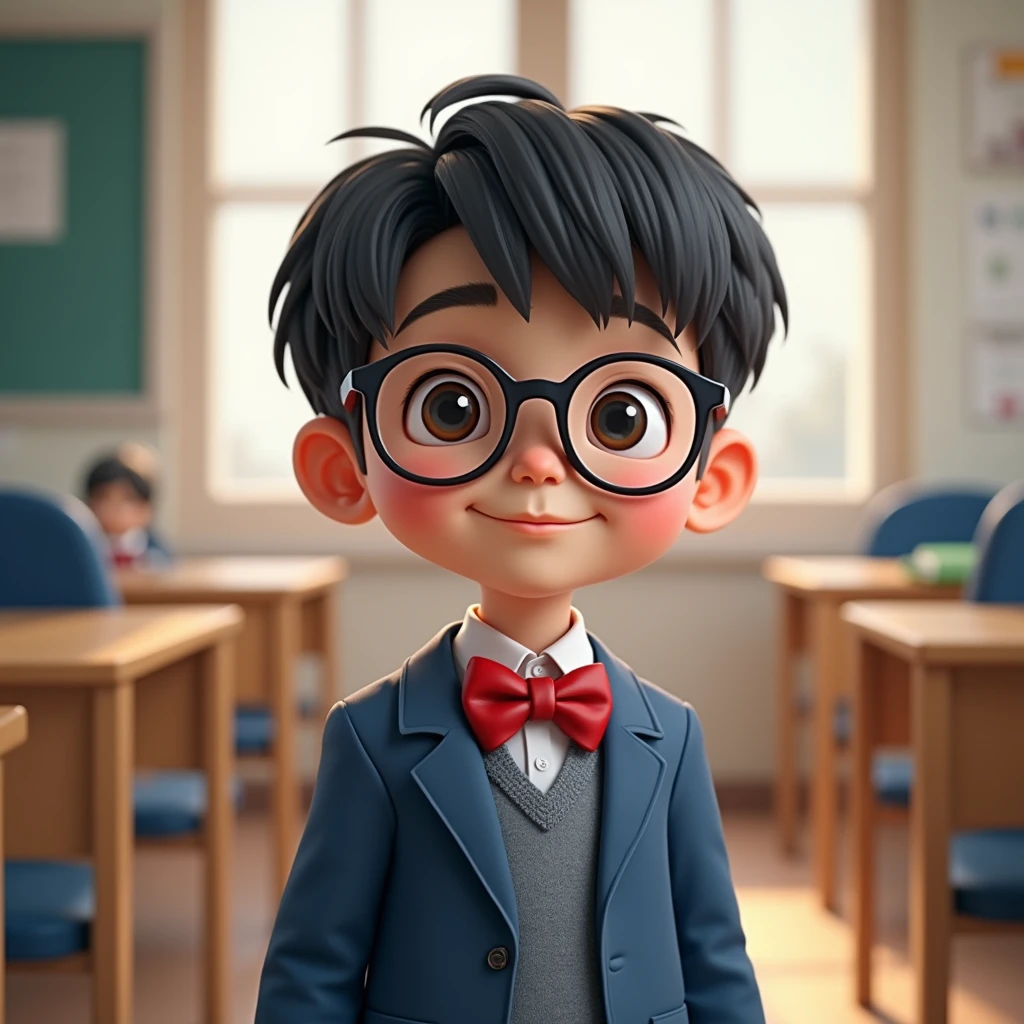 Boy Looks like a child Asian School Primary school students Blue jacket Red bow tie Glasses