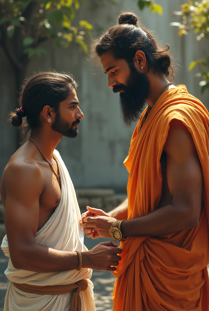 One man learning lot of skills from one bramhana pandit ,that man with good body structure and less beard and handsome also ,he looks like also bramhana with some cloths on his body