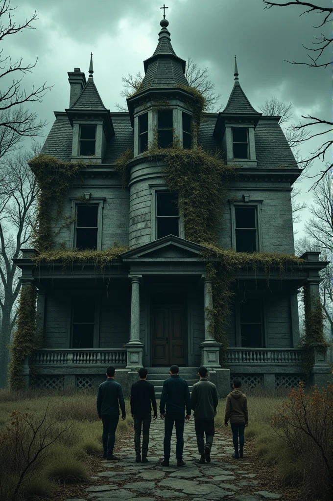 A dilapidated Victorian-style house, partially covered in ivy, with broken windows. Five figures stand at the entrance, hesitant but curious, as dark clouds loom overhead. The atmosphere is eerie and foreboding.