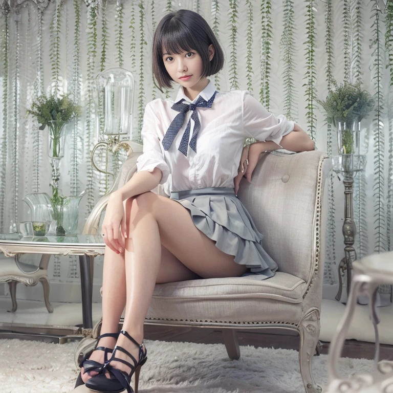 Tokyo Minato 10generation Beauty Thighs Showing armpits tie ribbon Pleated mini skirt Crossing legs Beautiful Show your chest Stylish cafe sofa Light gray blouse White collar Black Hair Cute clear short hair Photorealistic 8k Shiny Hair smile Cute room slim Light makeup Sit with your feet together Realistic photos Thin legs Underwear is visible Frills Heel