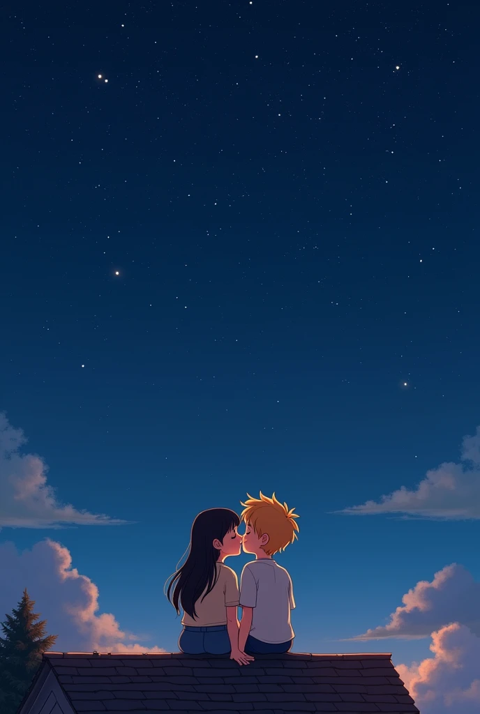 C'est une photo d'un couple entrain de s'embrasser assis en haut d'un toit d'une maison plutôt simple. in front of a starry sky. The girl has black hair with bangs and the boy is blond.. Ils ferment leur yeux et s'embrasse tendrement. Version pixar 2d