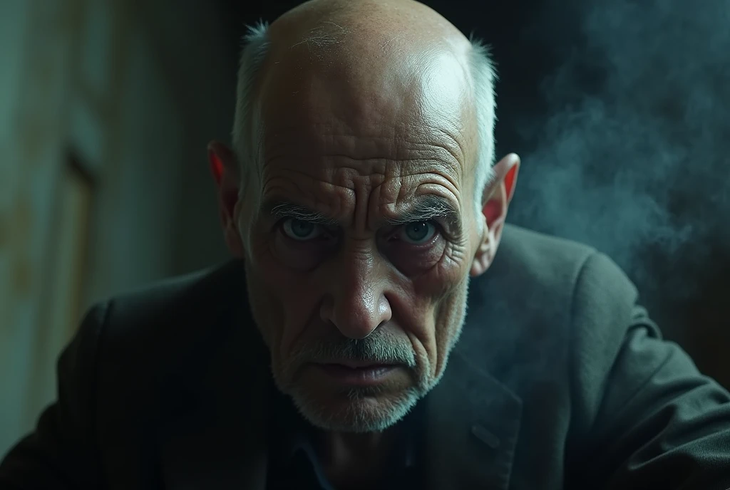 A photorealistic image captures the intense gaze of an elderly, bald man with a beard, whose eyes are filled with deep sadness and anger. His eyes are dark and piercing, slightly bloodshot with traces of recent tears still visible on his flushed, weathered cheeks. The expression on his face conveys a raw, powerful emotion, as if he is on the brink of breaking, yet holds a fierce resolve. Bright lights backlight the scene, highlighting the contours of his face and creating a stark contrast against the darker background.
Suspended in the air between his eyes and the viewer, a translucent, almost ghostly black message reads exactly: "Mercy is over!". The text appears as if it's floating, blurred at the edges, with the letters formed from a faint mist or dark black smoke that lingers in the space. The smoky words are readable, though not overly bright, hovering just in front of his gaze, creating a surreal yet powerful effect.
Text exactly says: "Mercy is over!". Text says: "Mercy is over!".
The lighting is soft and diffuse, casting subtle shadows that accentuate the lines of his face and the intensity of his expression. The background is dark and out of focus, ensuring that all attention remains on his face and the ominous message suspended before him. The overall tone of the image is haunting, with the ethereal text adding a layer of depth to the man's emotion, making the scene both unsettling and deeply evocative.
The image is shot from a low, tilted angle, intensifying the sense of movement and desperation. Dominating the entire image is a massive, semi-transparent text that reads 'Mercy is over!' in a dramatic, bold font. The text almost acts as a title, floating in the air, partially obscuring the scene but enhancing the overall tension and urgency of the moment.