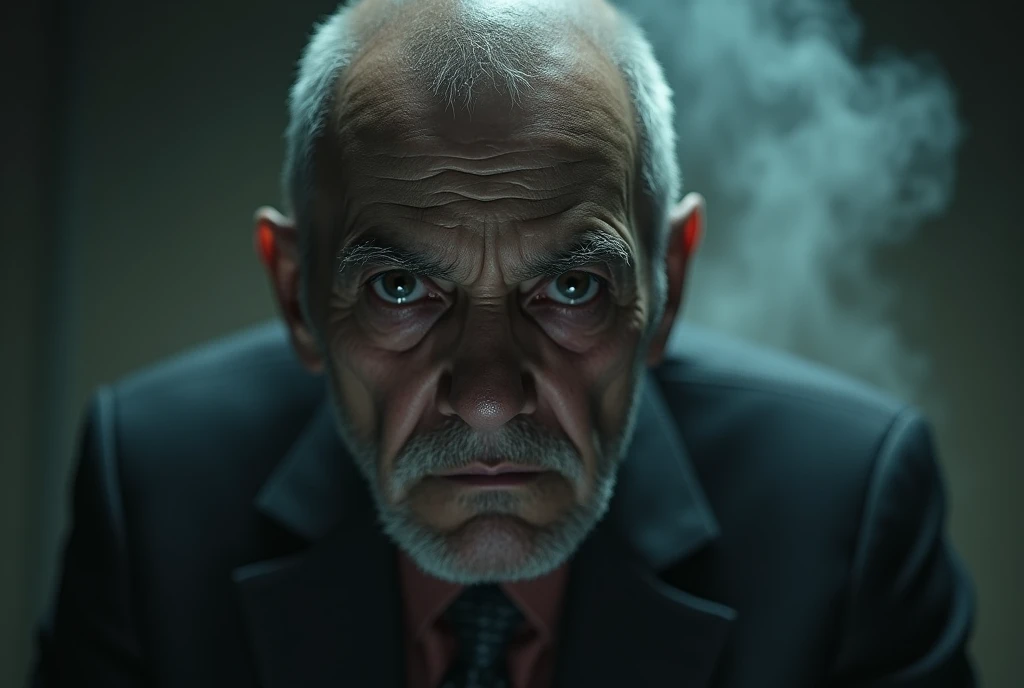 A photorealistic image captures the intense gaze of an elderly, bald man with a beard, whose eyes are filled with deep sadness and anger. His eyes are dark and piercing, slightly bloodshot with traces of recent tears still visible on his flushed, weathered cheeks. The expression on his face conveys a raw, powerful emotion, as if he is on the brink of breaking, yet holds a fierce resolve. Bright lights backlight the scene, highlighting the contours of his face and creating a stark contrast against the darker background.
Suspended in the air between his eyes and the viewer, a translucent, almost ghostly black message reads exactly: "Mercy is over!". The text appears as if it's floating, blurred at the edges, with the letters formed from a faint mist or dark black smoke that lingers in the space. The smoky words are readable, though not overly bright, hovering just in front of his gaze, creating a surreal yet powerful effect.
Text exactly says: "Mercy is over!". Text says: "Mercy is over!".
The lighting is soft and diffuse, casting subtle shadows that accentuate the lines of his face and the intensity of his expression. The background is dark and out of focus, ensuring that all attention remains on his face and the ominous message suspended before him. The overall tone of the image is haunting, with the ethereal text adding a layer of depth to the man's emotion, making the scene both unsettling and deeply evocative.
The image is shot from a low, tilted angle, intensifying the sense of movement and desperation. Dominating the entire image is a massive, semi-transparent text that reads 'Mercy is over!' in a dramatic, bold font. The text almost acts as a title, floating in the air, partially obscuring the scene but enhancing the overall tension and urgency of the moment.