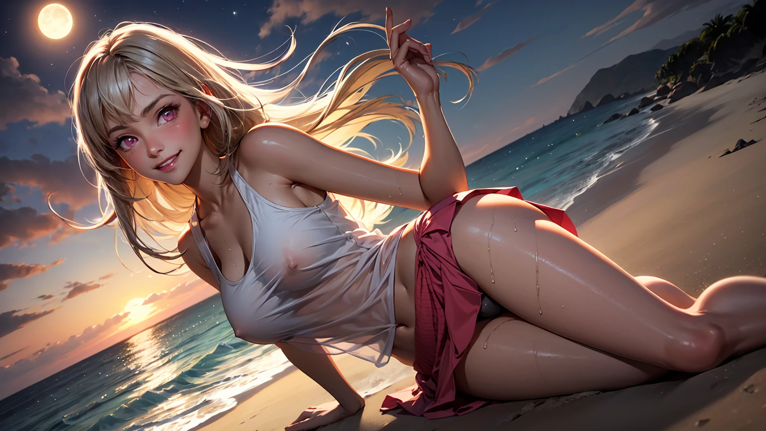 realistic, 1 girl, long hair, pink eyes, glowing eyes, tank top, see through, mini skirt, big smile, blush, night, perfect, beach, moon, camel toe, wet, naked girl,