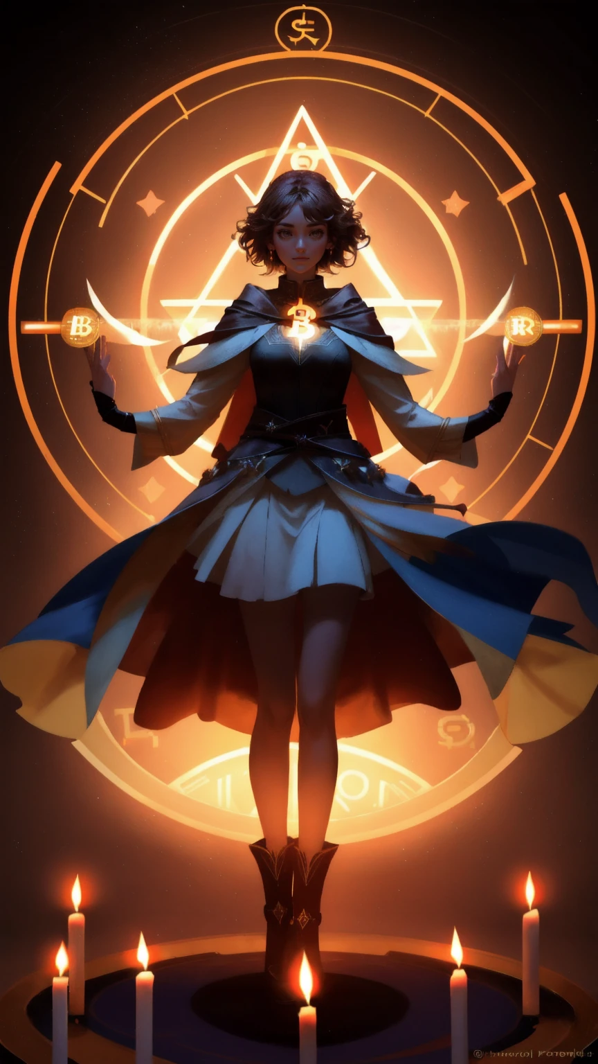 A powerful, enchanting girl dressed as a modern sorceress, surrounded by glowing Bitcoin symbols floating in the air, as she performs a ritual over a globe with a mystical energy field. The scene is set on a brown background with candles illuminating the ground, highlighting the intense focus on the cryptocurrency world.