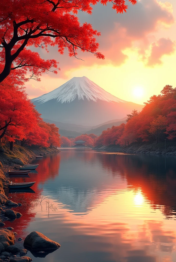 Autumn Afternoon、View of Mt. Fuji from Lake Kawaguchi。Autumnal trees by the lake々Lined up、Its vibrant red and orange leaves are reflected on the lake's surface.。Mount Fuji is captured at a slightly oblique angle.、Its majestic appearance stands out in contrast to the lake.。Small boats are moored along the lake shore、In the distance you can see a traditional Japanese teahouse.。As the setting sun shines in、The whole landscape is bathed in a warm orange hue.、A calm atmosphere prevails
