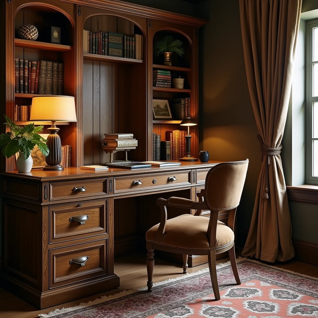 A stylish desk like you'd find in a study、Oak Tree、Looks like something out of Harry Potter、long ago
