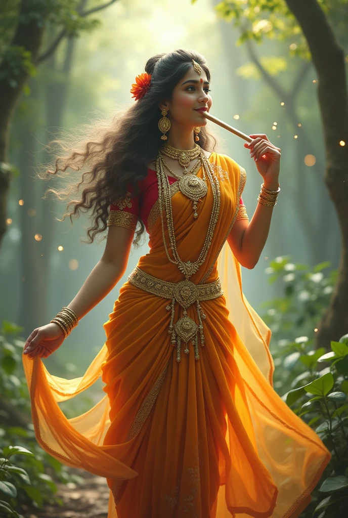 "A divine, ethereal depiction of Shree Radharani, with a celestial glow radiating from her. She is shown in a graceful pose, holding a delicate flute, her attire flowing like the melodies of the flute. Her expression is serene and loving, with intricate jewelry adorning her neck, wrists, and ears. Her attire is traditional, vibrant, and rich with golden embroidery, and she stands amidst a backdrop of lush Vrindavan forests, where the air seems to shimmer with divine light and the presence of Krishna is subtly felt. The entire scene has a soft, otherworldly aura, reflecting the pure devotion and divine love associated with Radharani."